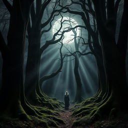 An enchanting gothic forest illuminated by the bright, full moon