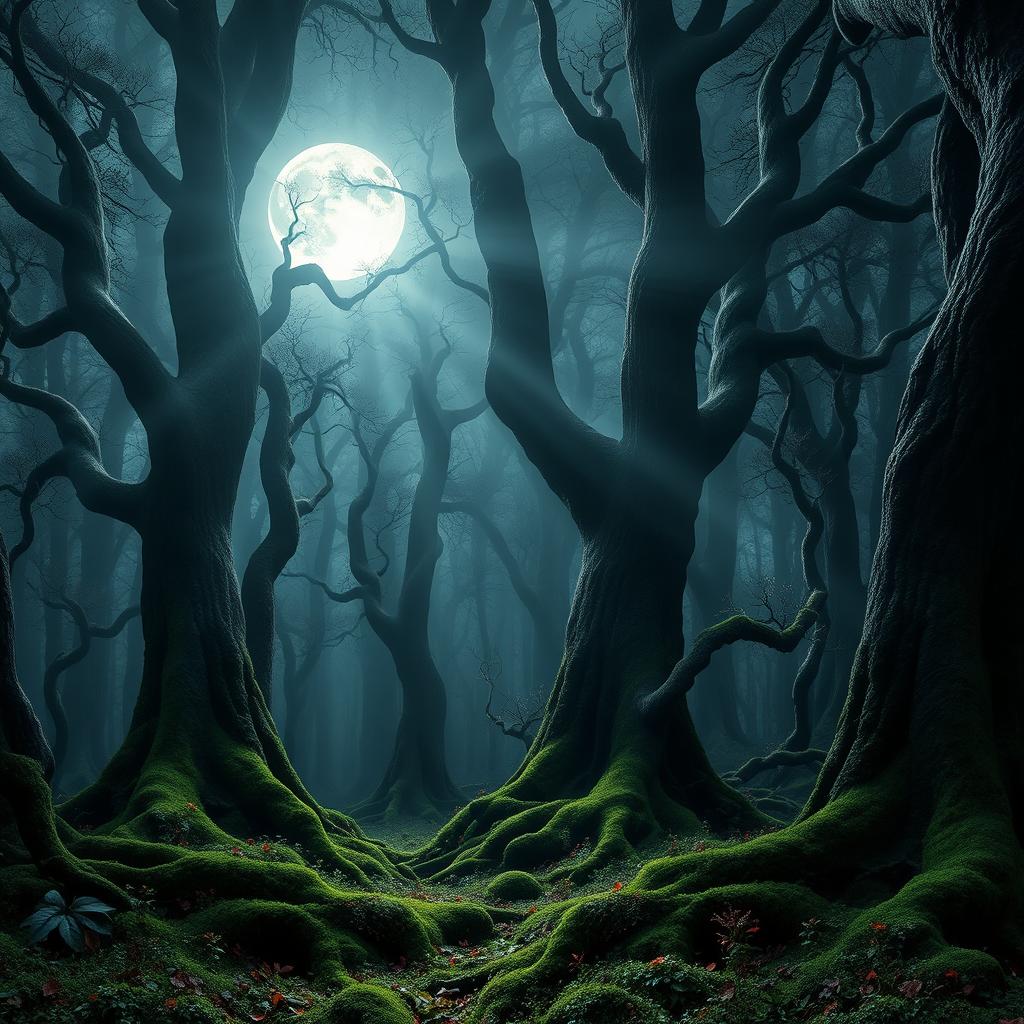 An enchanting gothic forest illuminated by the bright, full moon