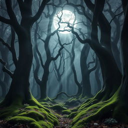 An enchanting gothic forest illuminated by the bright, full moon
