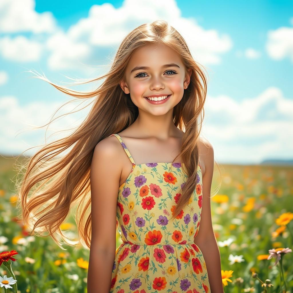 A beautiful young woman with long flowing hair cascading down her shoulders, wearing a bright sundress filled with floral patterns