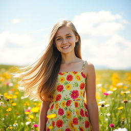 A beautiful young woman with long flowing hair cascading down her shoulders, wearing a bright sundress filled with floral patterns