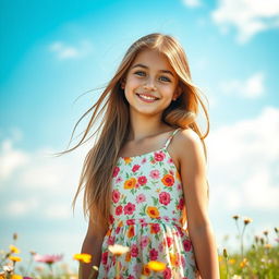 A beautiful young woman with long flowing hair cascading down her shoulders, wearing a bright sundress filled with floral patterns
