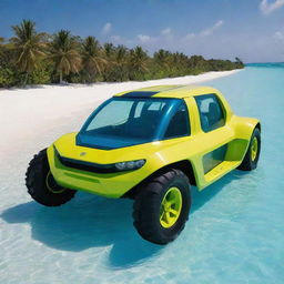 A futuristic amphibious vehicle from the Maldives capable of navigating both land and sea