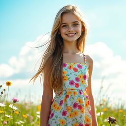 A beautiful young woman with long flowing hair cascading down her shoulders, wearing a bright sundress filled with floral patterns