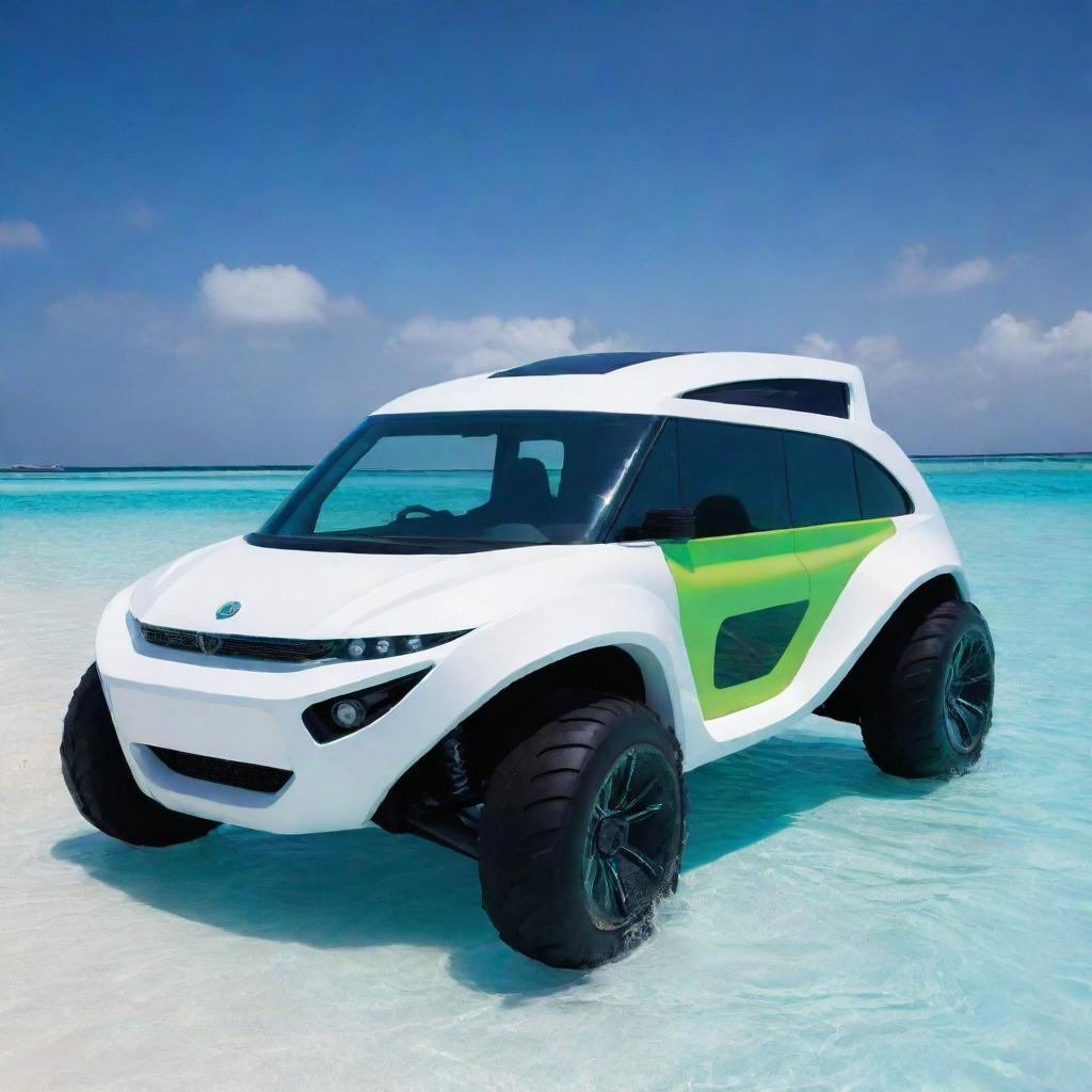 A futuristic amphibious vehicle from the Maldives capable of navigating both land and sea