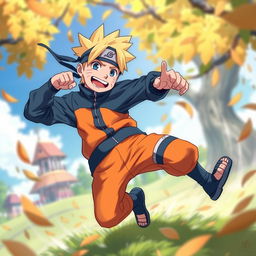 A dynamic and artistic interpretation of Naruto Uzumaki, depicted in an imaginative and whimsical environment
