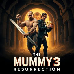 A dynamic movie poster for 'The Mummy 3: Resurrection' set in an ancient tomb filled with intricate hieroglyphs and golden artifacts
