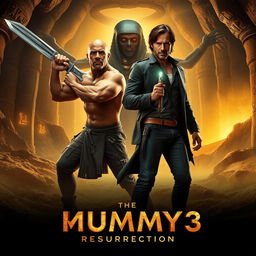 A dynamic movie poster for 'The Mummy 3: Resurrection' set in an ancient tomb filled with intricate hieroglyphs and golden artifacts