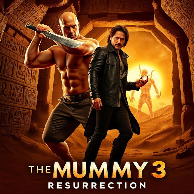 A dynamic movie poster for 'The Mummy 3: Resurrection' set in an ancient tomb filled with intricate hieroglyphs and golden artifacts