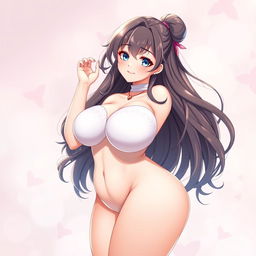 A confident and alluring character inspired by Hinata from anime, featuring an exaggerated voluptuous figure with large breasts, styled in an intricate yet tasteful manner