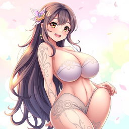 A confident and alluring character inspired by Hinata from anime, featuring an exaggerated voluptuous figure with large breasts, styled in an intricate yet tasteful manner