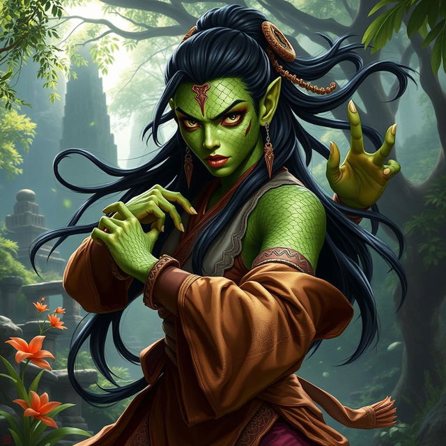 A striking female Yuan-ti monk, representing the legendary Dungeons & Dragons universe