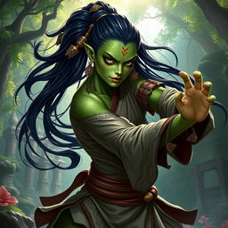 A striking female Yuan-ti monk, representing the legendary Dungeons & Dragons universe