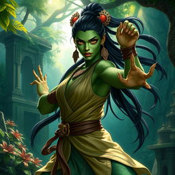A striking female Yuan-ti monk, representing the legendary Dungeons & Dragons universe