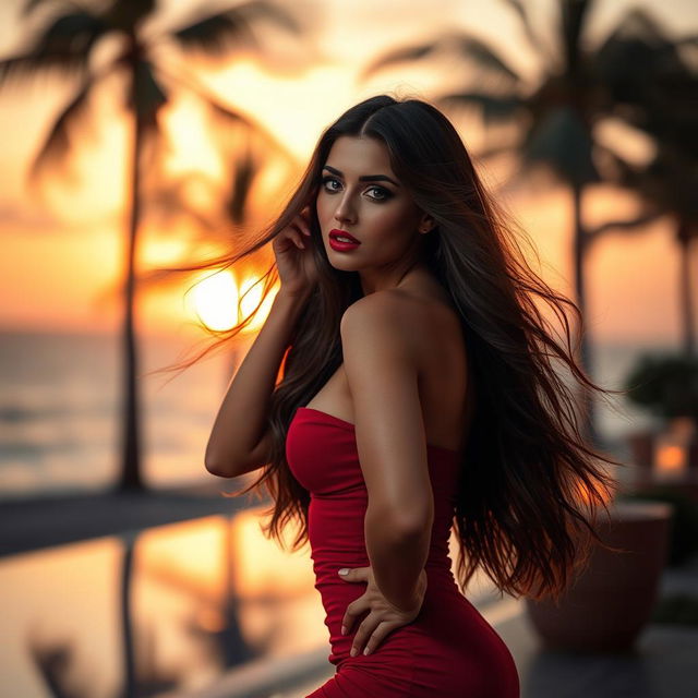 A stunning hot woman with long flowing hair, wearing a form-fitting, elegant red dress that enhances her curves, posed confidently against a luxurious, soft-focus background of a romantic sunset