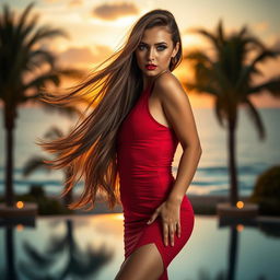 A stunning hot woman with long flowing hair, wearing a form-fitting, elegant red dress that enhances her curves, posed confidently against a luxurious, soft-focus background of a romantic sunset