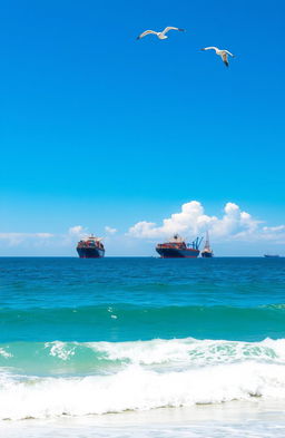 A serene seascape featuring several large cargo ships anchored in the distance, gracefully floating on calm, deep blue waters