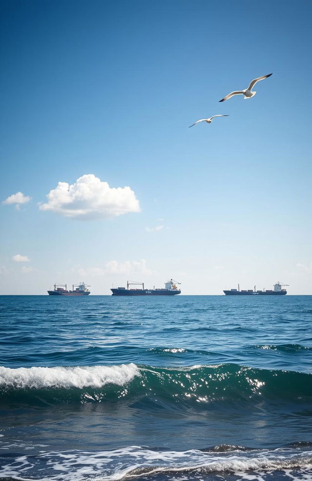 A serene seascape featuring several large cargo ships anchored in the distance, gracefully floating on calm, deep blue waters