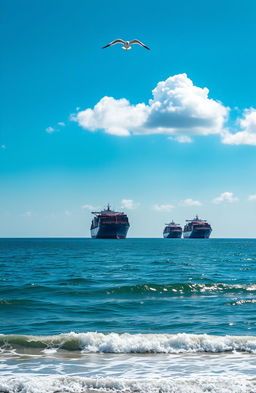 A serene seascape featuring several large cargo ships anchored in the distance, gracefully floating on calm, deep blue waters