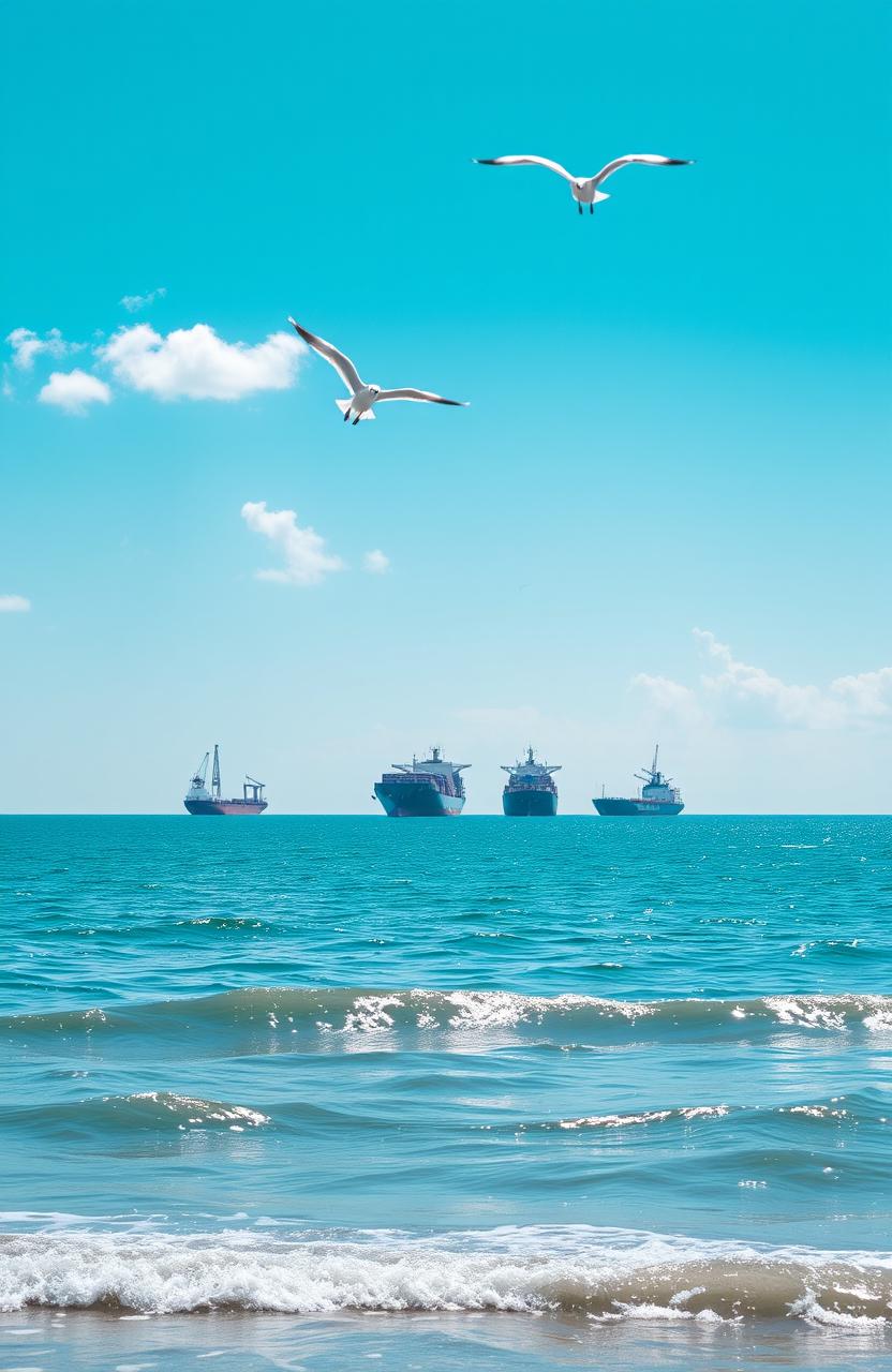 A serene seascape featuring several large cargo ships anchored in the distance, gracefully floating on calm, deep blue waters