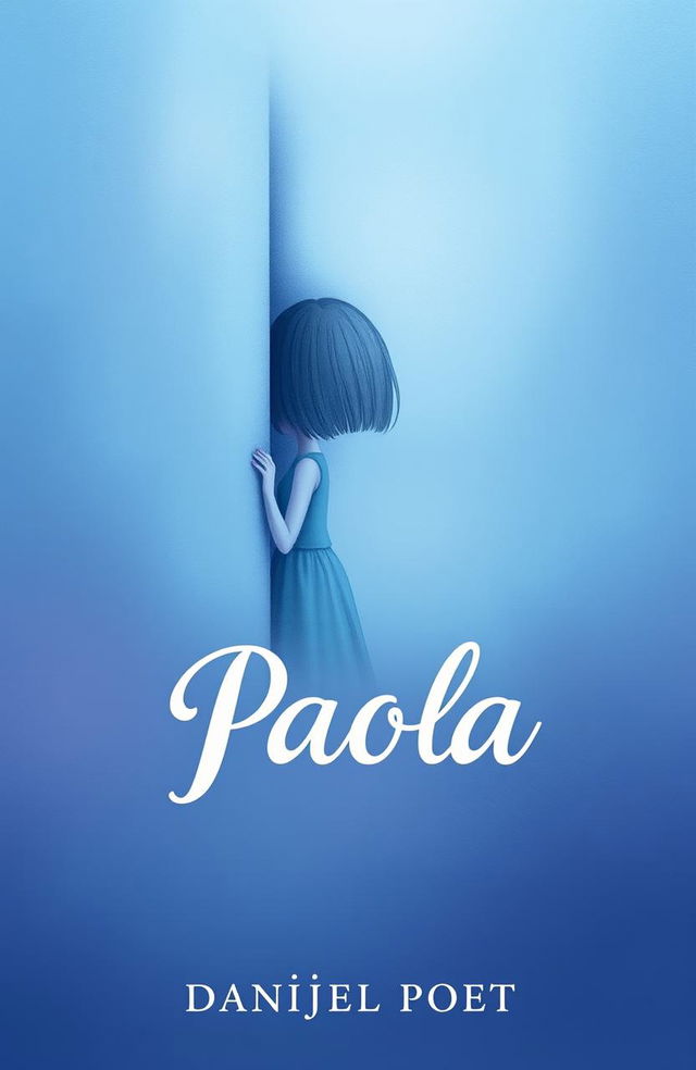 A book cover design titled "Paola" by Danijel Poet, showcasing the central theme of a shy girl standing behind a wall, symbolizing an emotional barrier