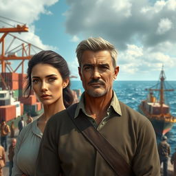 A dramatic scene in a bustling port with background cargo ships docked, showcasing the vastness of the ocean