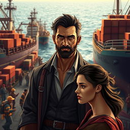 A dramatic scene in a bustling port with background cargo ships docked, showcasing the vastness of the ocean