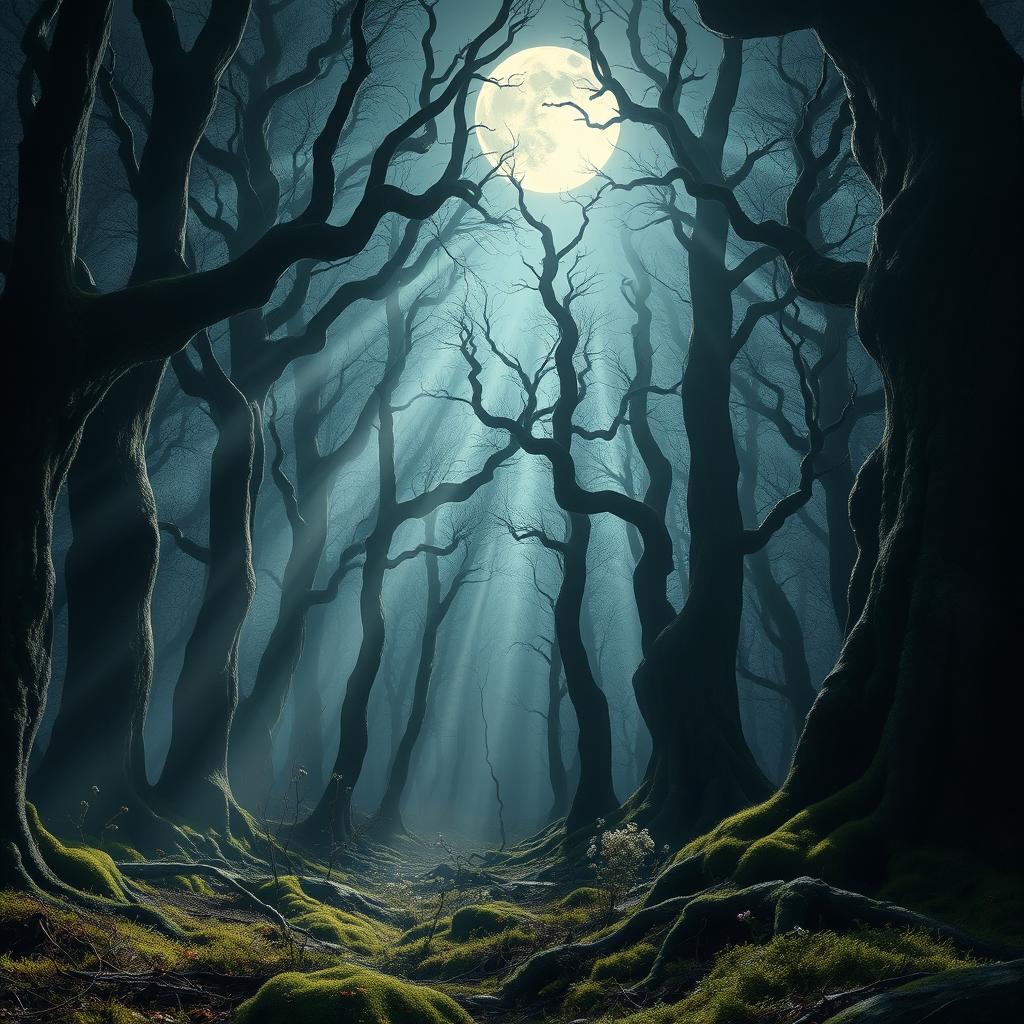 A mesmerizing gothic forest illuminated by the bright glow of a full moon