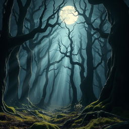 A mesmerizing gothic forest illuminated by the bright glow of a full moon