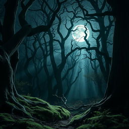 A mesmerizing gothic forest illuminated by the bright glow of a full moon