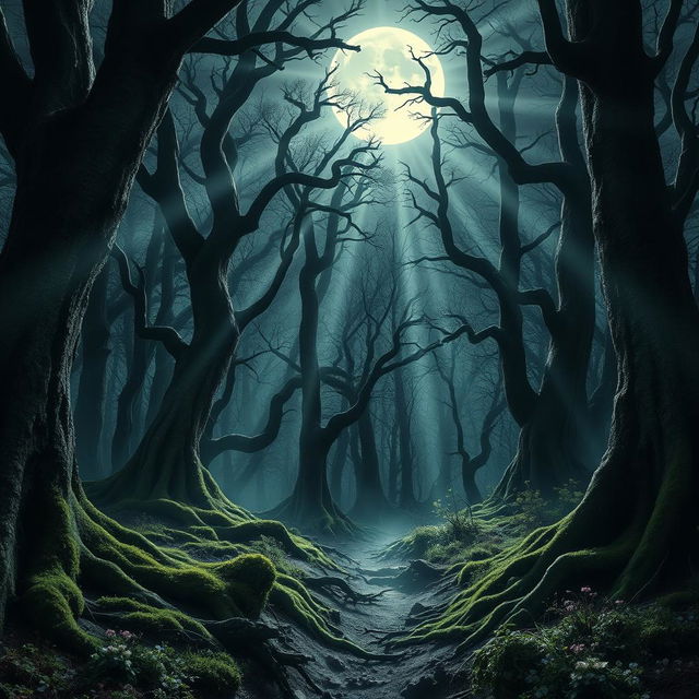 A mesmerizing gothic forest illuminated by the bright glow of a full moon