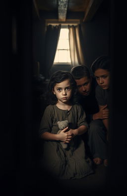 A young Jewish girl with dark curly hair, around 10 years old, hiding in a secret room during World War II