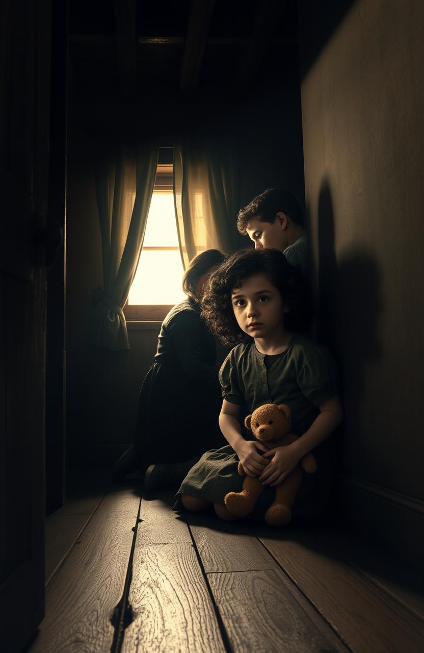 A young Jewish girl with dark curly hair, around 10 years old, hiding in a secret room during World War II