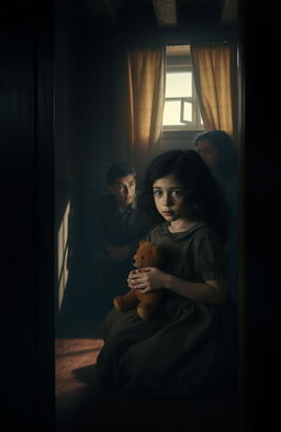 A young Jewish girl with dark curly hair, around 10 years old, hiding in a secret room during World War II
