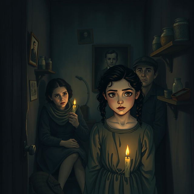 A poignant scene depicting a Jewish girl during World War II, hiding with her family in a cramped secret room