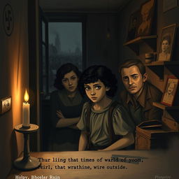 A poignant scene depicting a Jewish girl during World War II, hiding with her family in a cramped secret room