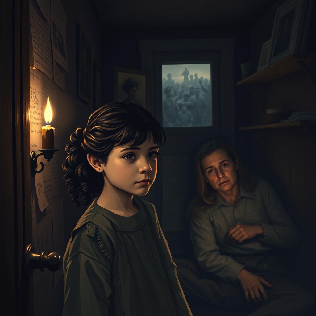 A poignant scene depicting a Jewish girl during World War II, hiding with her family in a cramped secret room