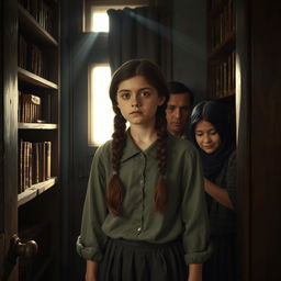 A Jewish teenage girl, around 16 years old, with long brown hair styled in a simple braid, hiding with her family in a secret room during World War II