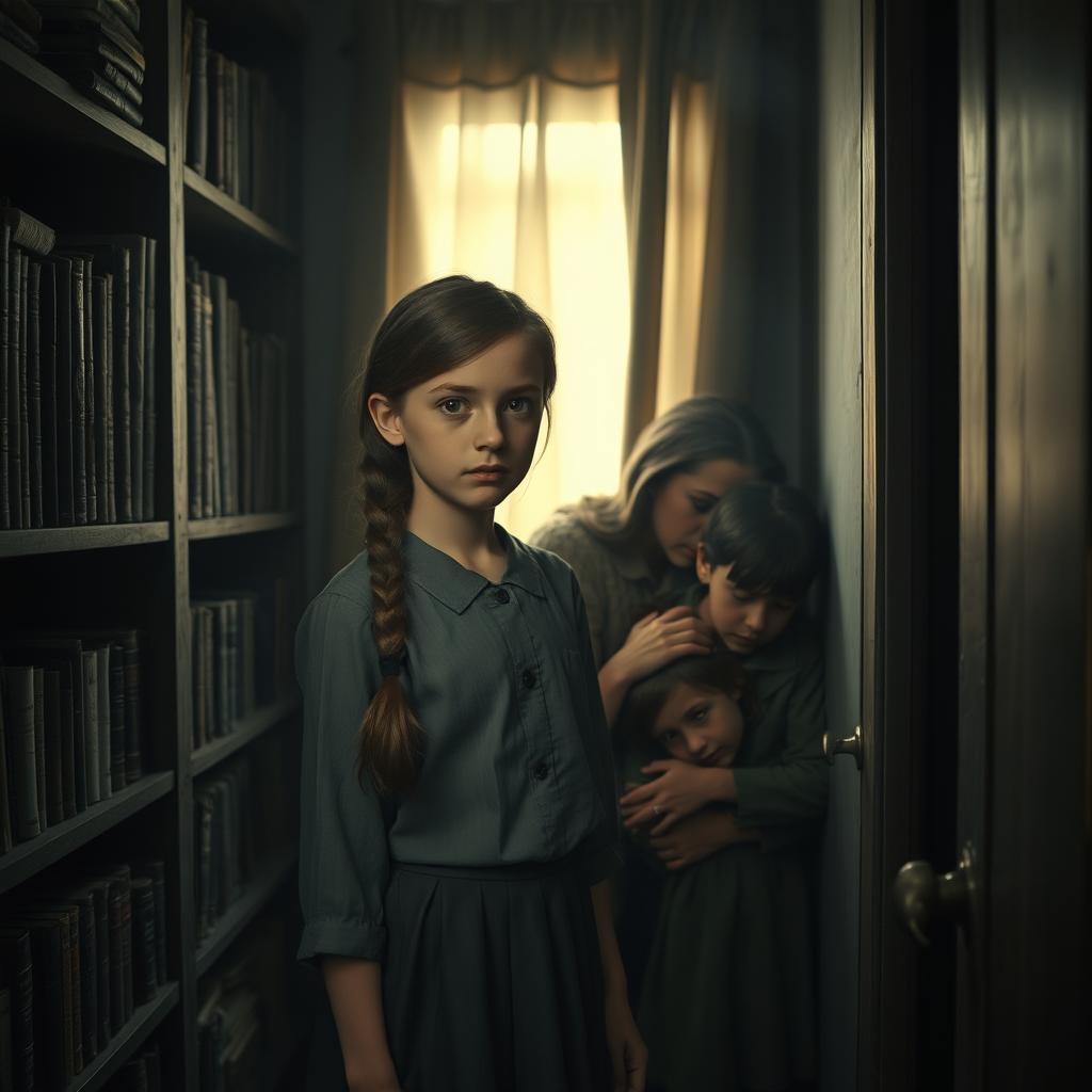 A Jewish teenage girl, around 16 years old, with long brown hair styled in a simple braid, hiding with her family in a secret room during World War II