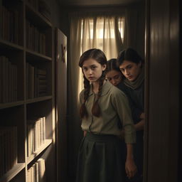 A Jewish teenage girl, around 16 years old, with long brown hair styled in a simple braid, hiding with her family in a secret room during World War II
