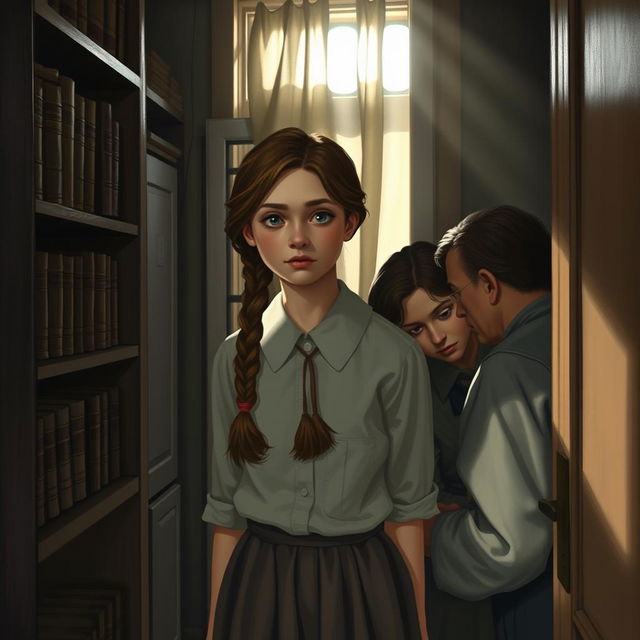 A Jewish teenage girl, around 16 years old, with long brown hair styled in a simple braid, hiding with her family in a secret room during World War II