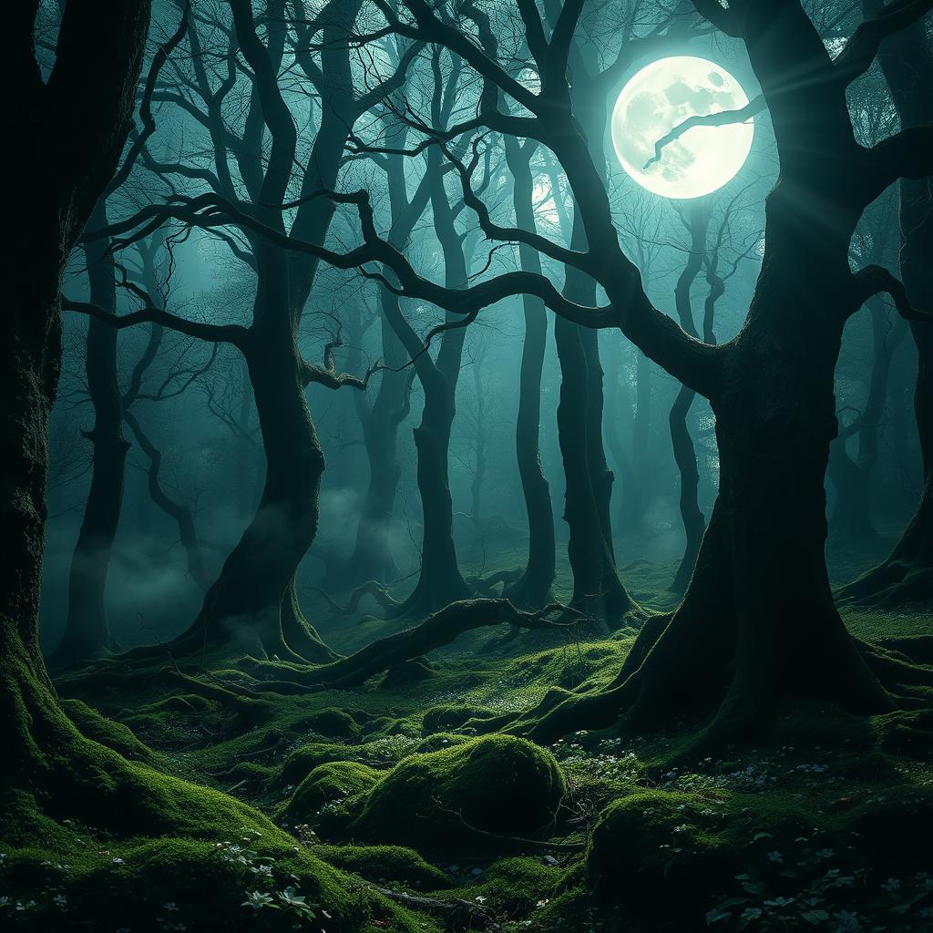 A gothic forest steeped in mystery, illuminated by the shimmering light of a bright, full moon