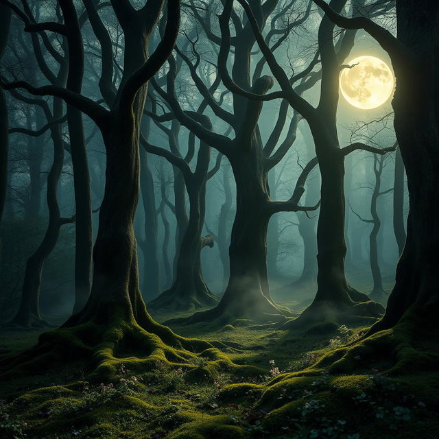 A gothic forest steeped in mystery, illuminated by the shimmering light of a bright, full moon