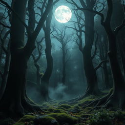 A gothic forest steeped in mystery, illuminated by the shimmering light of a bright, full moon