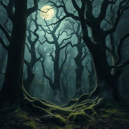 A gothic forest steeped in mystery, illuminated by the shimmering light of a bright, full moon