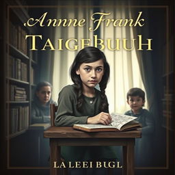 A book cover design featuring a Jewish teenage girl, around 15 years old, with long dark hair and expressive eyes, hiding with her family in a dimly lit secret room during World War II
