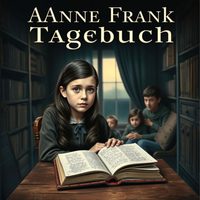 A book cover design featuring a Jewish teenage girl, around 15 years old, with long dark hair and expressive eyes, hiding with her family in a dimly lit secret room during World War II