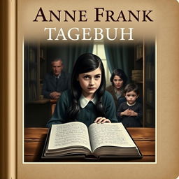 A book cover design featuring a Jewish teenage girl, around 15 years old, with long dark hair and expressive eyes, hiding with her family in a dimly lit secret room during World War II