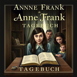 A book cover design featuring a Jewish teenage girl, around 15 years old, with long dark hair and expressive eyes, hiding with her family in a dimly lit secret room during World War II