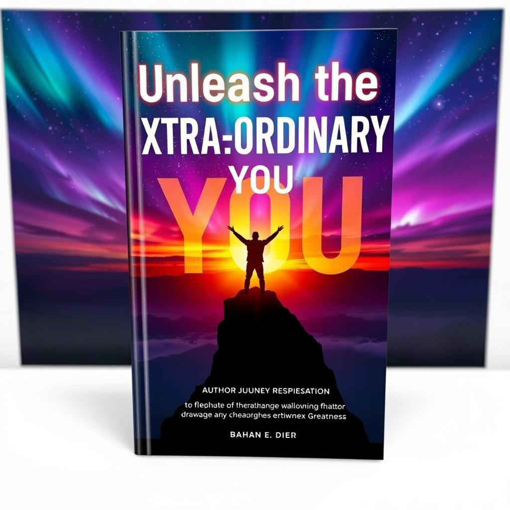 A captivating book cover featuring a silhouette of a person standing triumphantly on a cliff, arms raised towards a vast sky filled with stars and vibrant auroras, symbolizing infinite possibilities